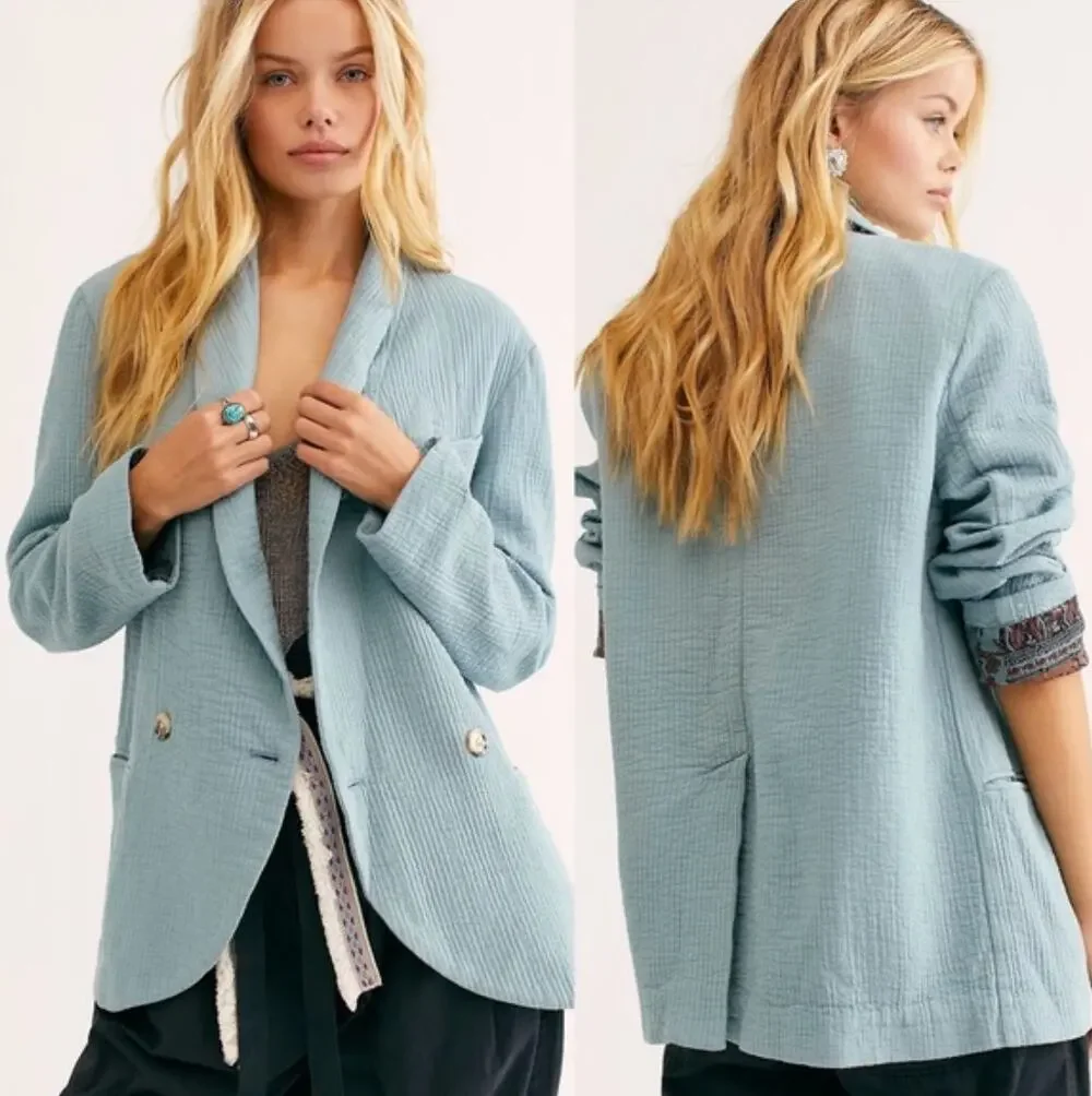 FREE PEOPLE Rowan Double Breasted Gauze Oversized Blazer Sage Blue Sz M {P28}